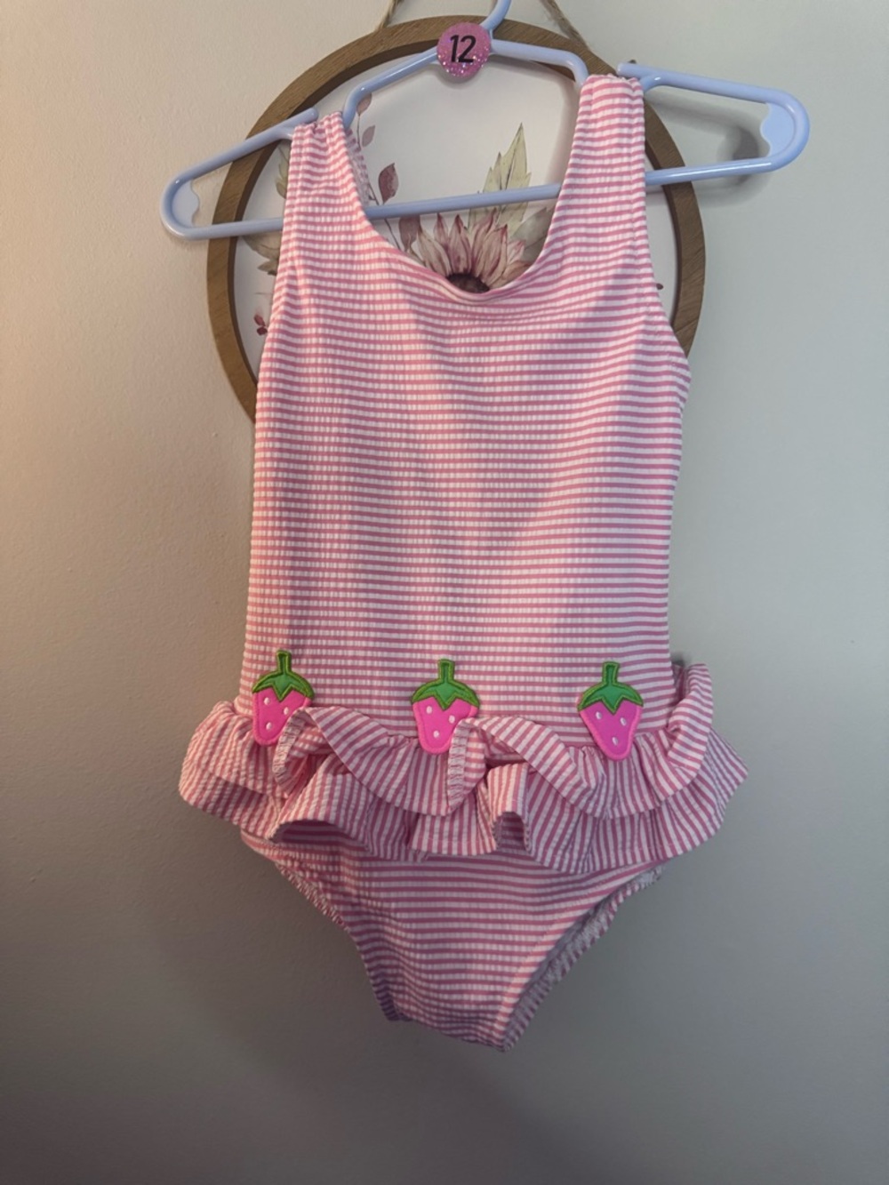 Florence Eiseman Pink Striped Girls One-Piece Swimsuit with Strawberry Trim